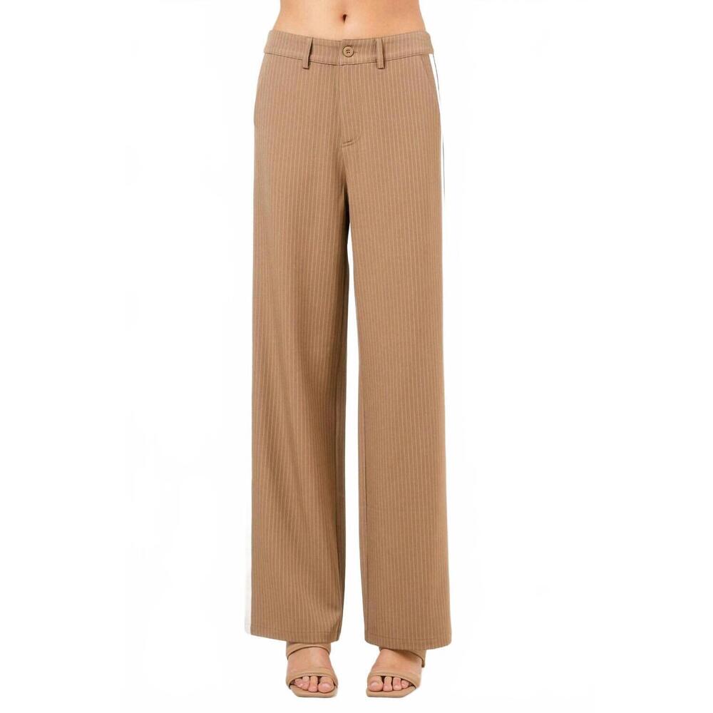 NEW FORE COLLECTION color blocked wide leg pinstripe pants in beige